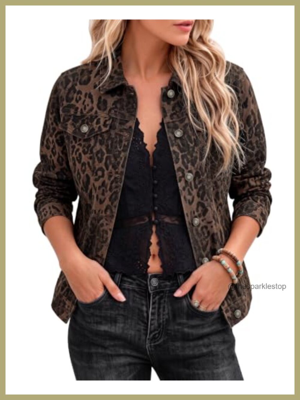 Women's Leopard Print Denim Jacket Stretch Button Front Long Sleeve Casual Coat